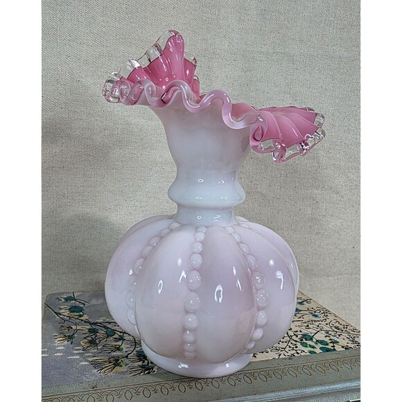 VTG Fenton Peach Crest Jack-in-the-Pulpit Vase Beaded w/Melon Base 1940s–60s USA - Picture 8 of 12